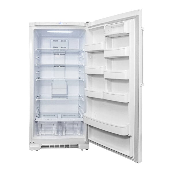 A white Danby reach-in refrigerator with its door open.