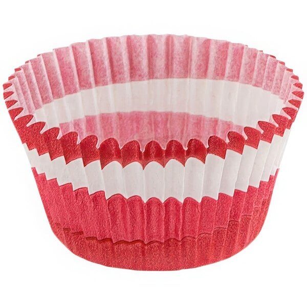 A red and white Novacart fluted cupcake wrapper.