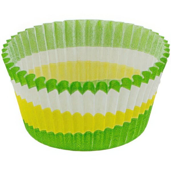 A Novacart cupcake liner with green and yellow stripes.