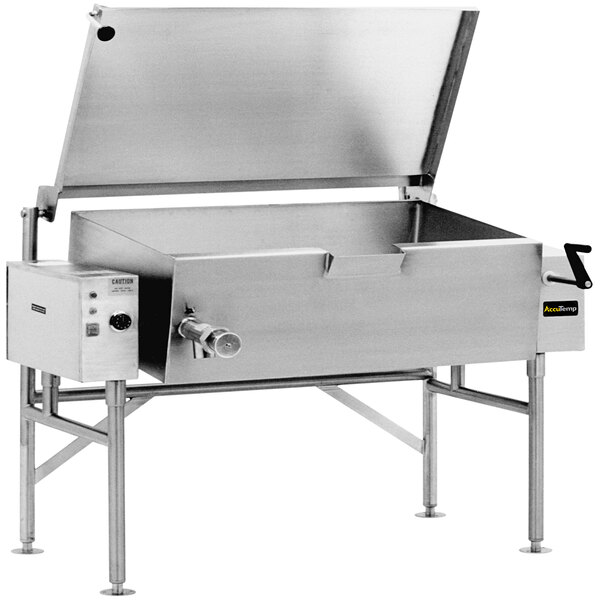 A large stainless steel AccuTemp electric tilt skillet on a counter.