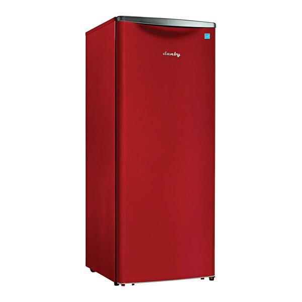 A red Danby reach-in refrigerator with a silver door.