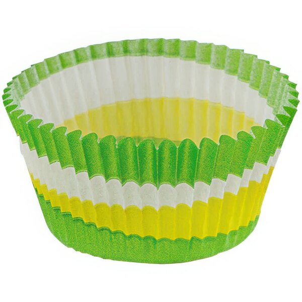 A Novacart green and yellow fluted baking cup with stripes.