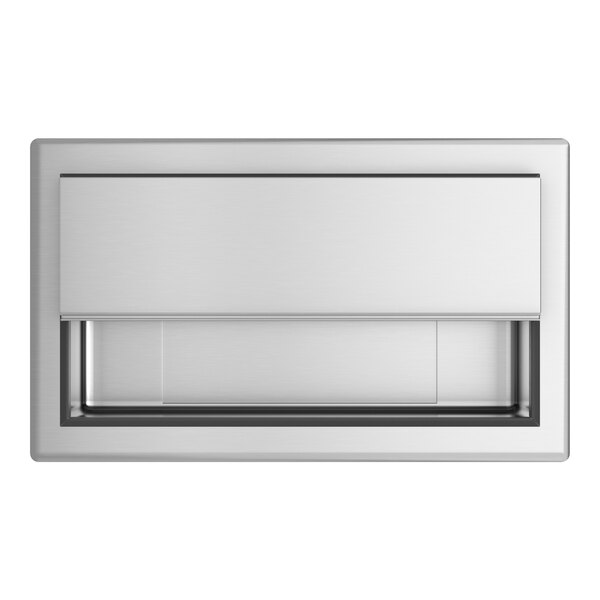 A stainless steel rectangular ice bin with a rectangular object in the middle.