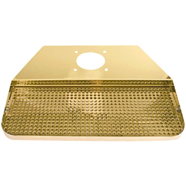 A PVD brass Micro Matic surface mount drip tray with holes in it.