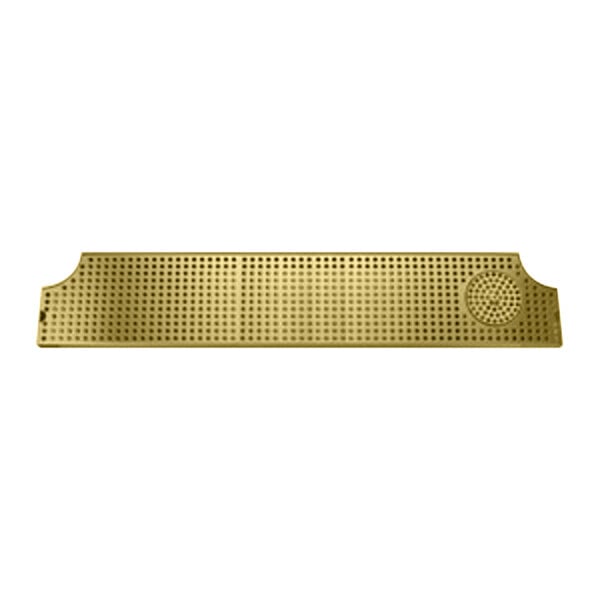 A gold metal Micro Matic surface mount drip tray with a grid and a circular object inside.