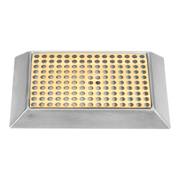 A rectangular PVD brass bevel edge drip tray with a perforated surface and a central drain, designed for beverage dispensing systems.
