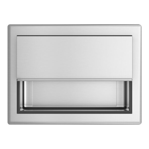 A silver rectangular stainless steel ice bin with a rectangular lid.