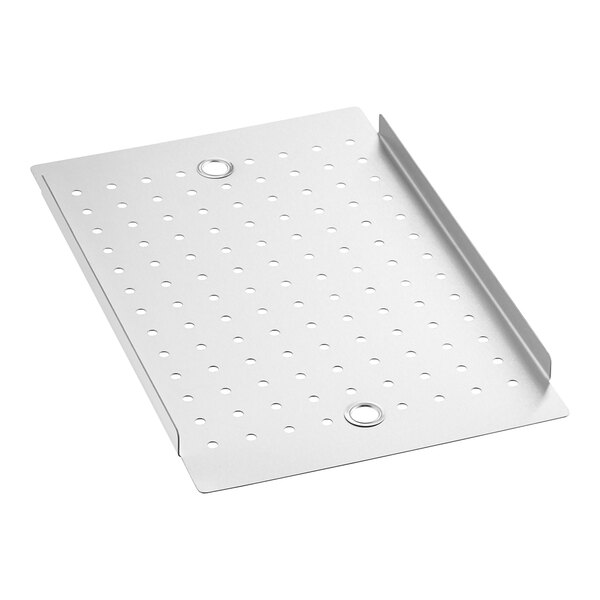 A stainless steel tray with holes.