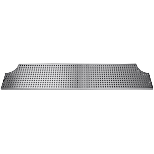 A stainless steel Micro Matic surface mount drip tray with a grid of holes.