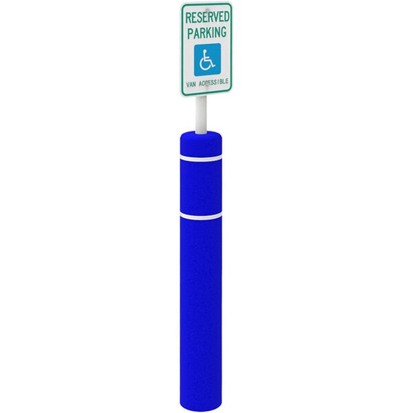 A blue rectangular sign on a blue pole with white text reading "Handicapped Reserved Parking / Van Accessible"