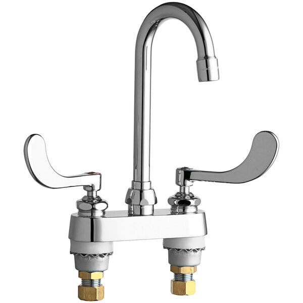 A chrome Chicago Faucets deck-mounted faucet with two handles.