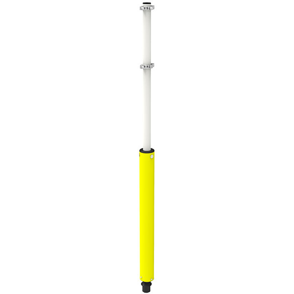 A yellow and white Sta-Rite bollard with a yellow cylindrical sign post.