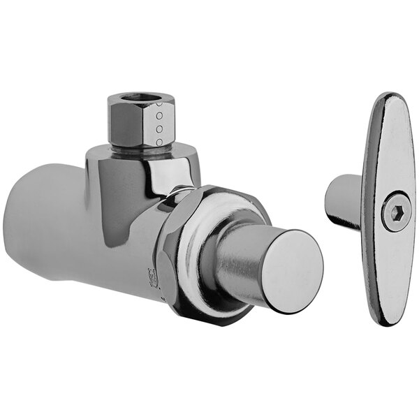 A close-up of a Chicago Faucets silver angle stop with a tee handle.