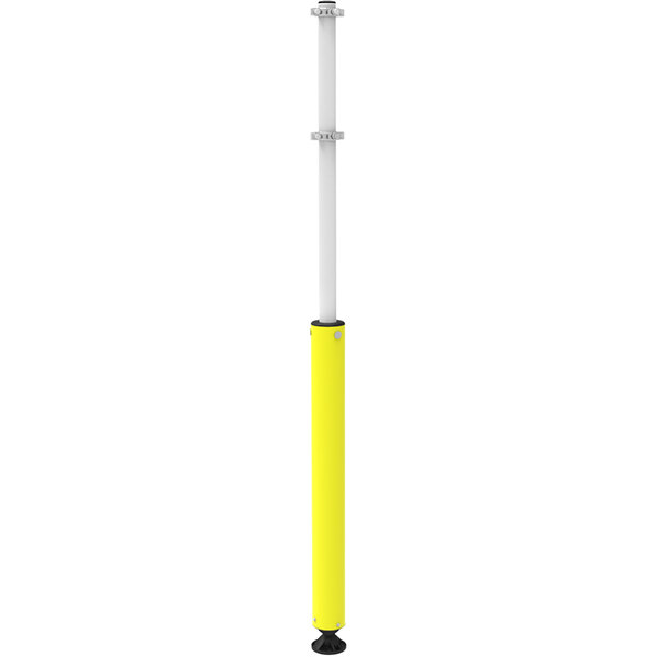 A yellow cylindrical Impact Recovery Systems Sta-Rite bollard sign post with a white base and white sign.