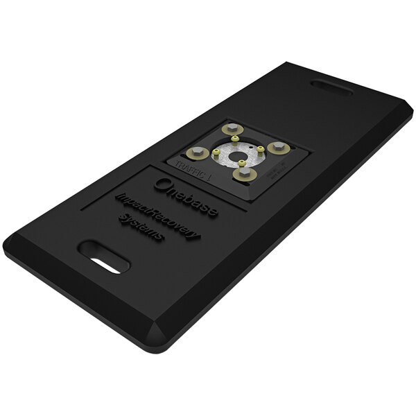A black rectangular Impact Recovery Systems portable base with screws.