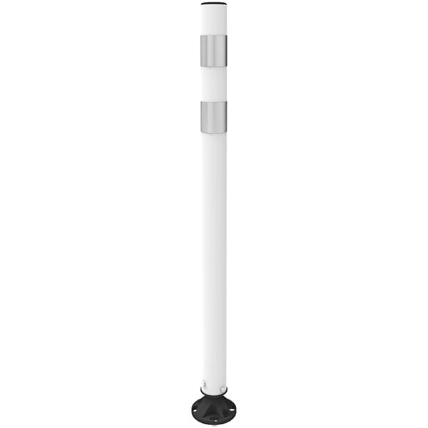 A white Impact Recovery Systems flexible channelizer post with two white reflective bands and a black base.