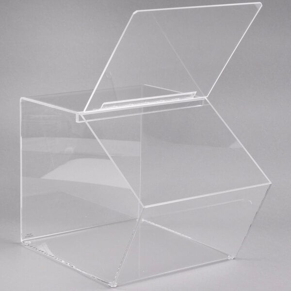 A clear acrylic Cal-Mil food bin with a slanted lid.