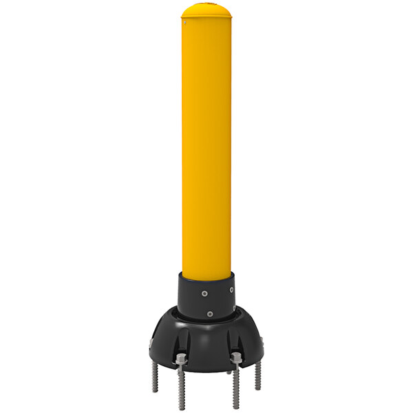 A yellow rectangular SlowStop bollard with round base.