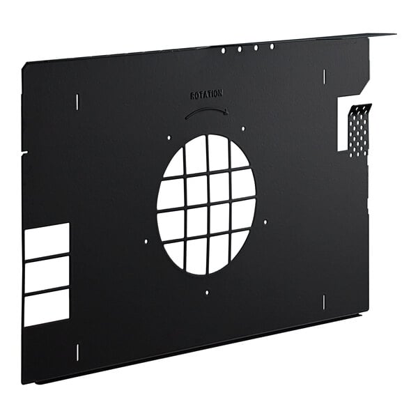 A black metal plate with a round hole.
