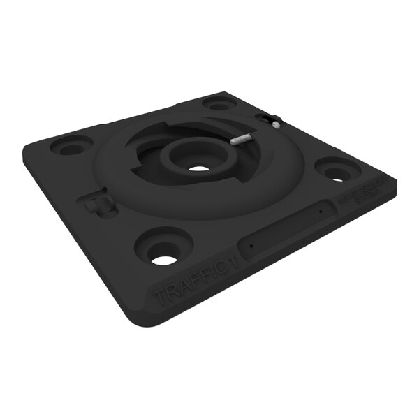 A black Impact Recovery Systems quarter turn surface mount base with holes in it.