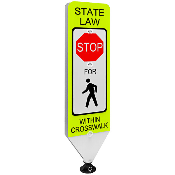 A yellow and white Impact Recovery Systems "State Law Stop For Pedestrian Crossing" sign with black text on a white background.