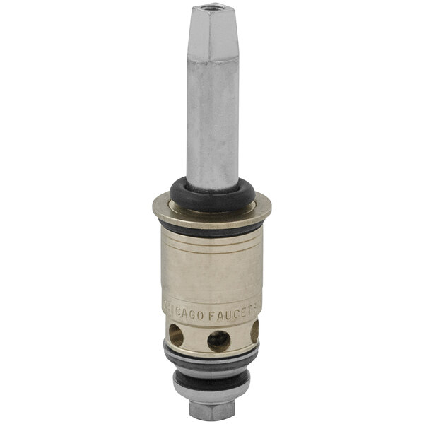 A metal Chicago Faucets Quaturn compression operating cartridge with a black and white handle.
