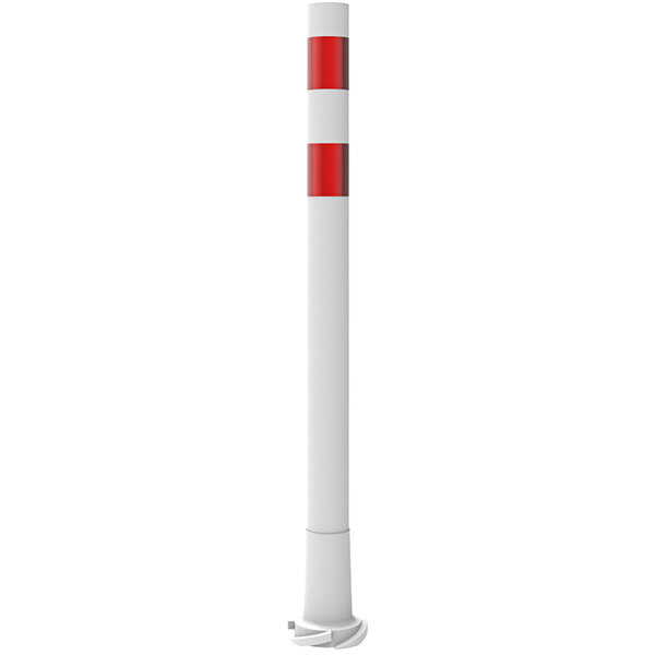 A white cylinder with two red and white reflective bands.