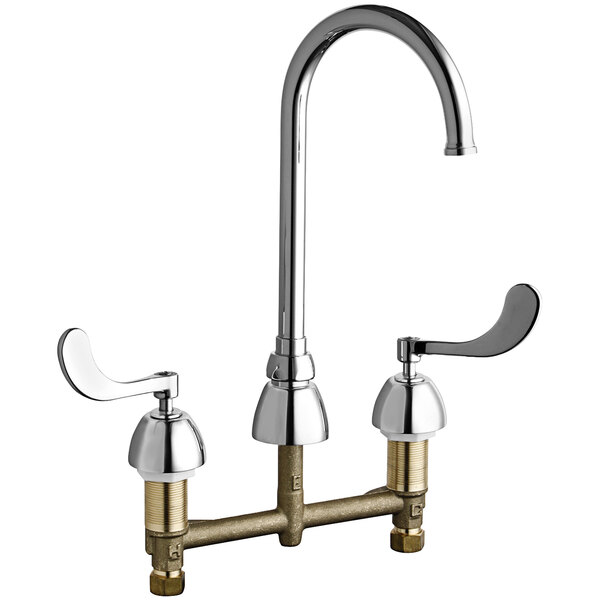 A chrome Chicago Faucets deck-mounted faucet with two handles.