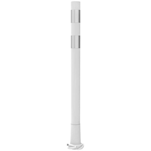 A white pole with silver accents and two white reflective bands.