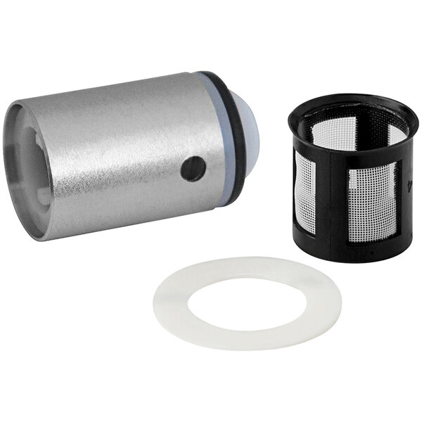 A close-up of a Chicago Faucets MVP Metering Cartridge, a metal cylinder with a black plastic ring and a stainless steel filter inside.