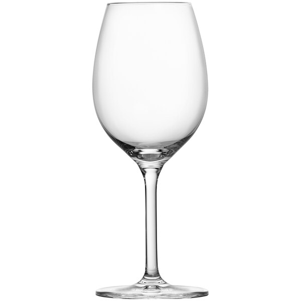 A close-up of a clear Schott Zwiesel Burgundy wine glass with a stem.