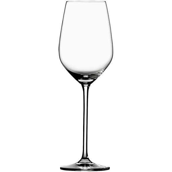 A clear Schott Zwiesel wine glass with a long stem.