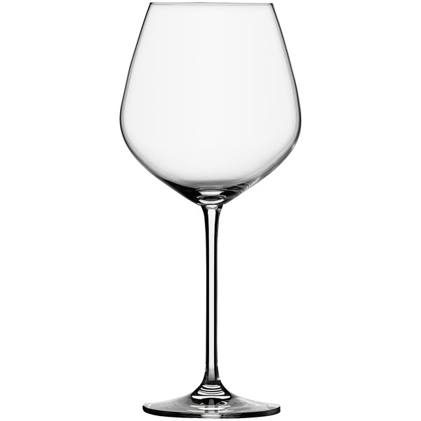 A close-up of a clear Schott Zwiesel wine glass with a stem.