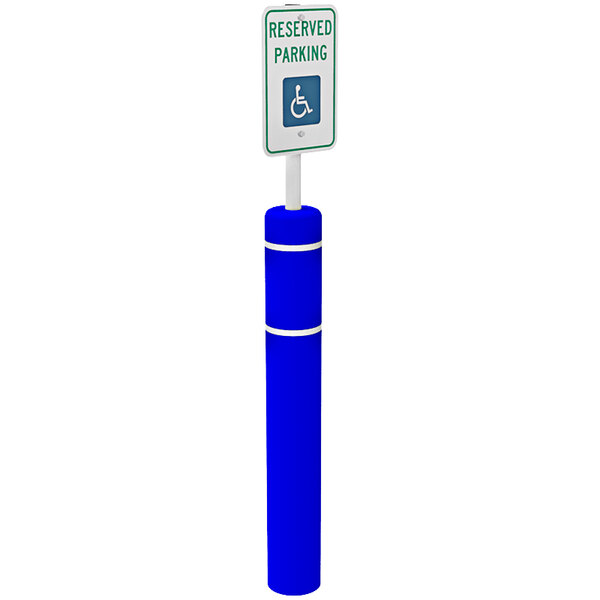 A blue Impact Recovery Systems sign pole with a rectangular blue and white sign reading "Handicapped Reserved Parking" with a white border.