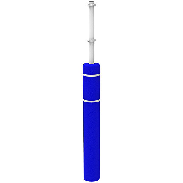 A blue and white pole with a white top.
