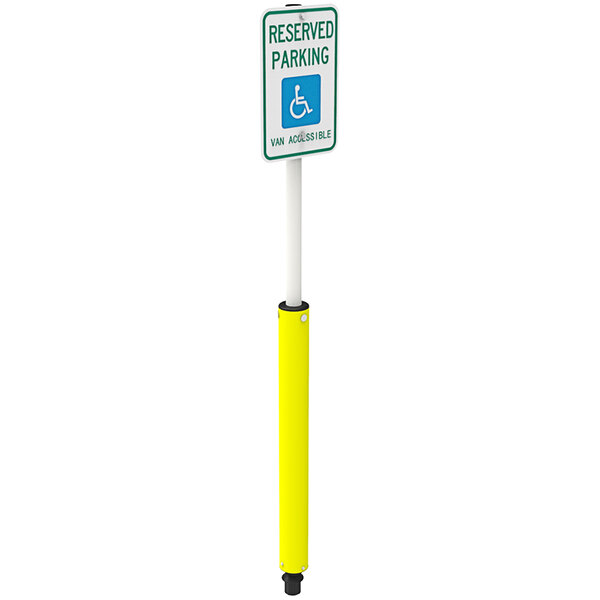 A yellow Impact Recovery Systems Sta-Rite bollard sign post with a reserved parking sign on it.