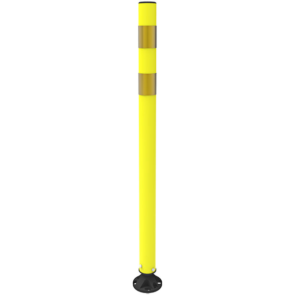 A yellow Impact Recovery Systems Flex Channelizer Post with 2 yellow reflective bands.