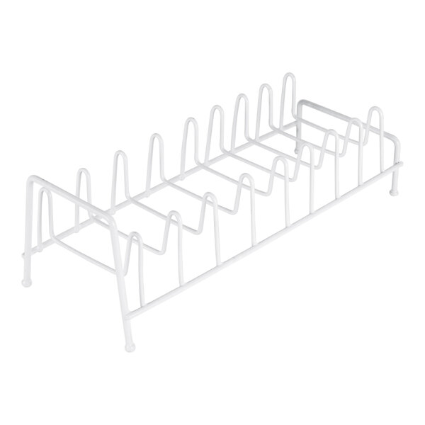 A white freestanding metal rack designed to hold up to 8 food processor discs.