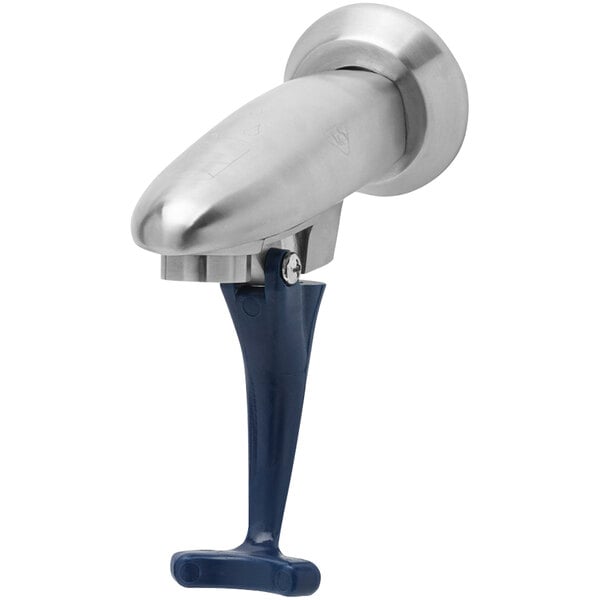 A metal faucet with a dark blue push-back actuation arm.