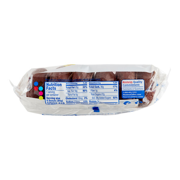 A package of Hostess Chocolate Frosted Mini Donuts with a label.