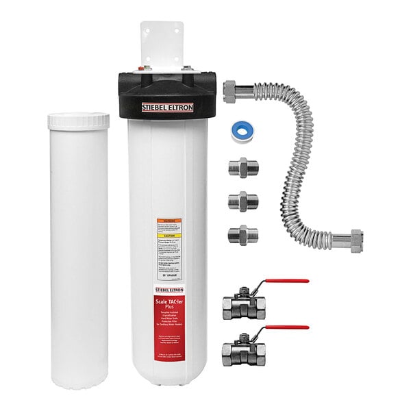 A white plastic Stiebel Eltron Scale TAC-ler Premium installation kit with a red label and black hose.