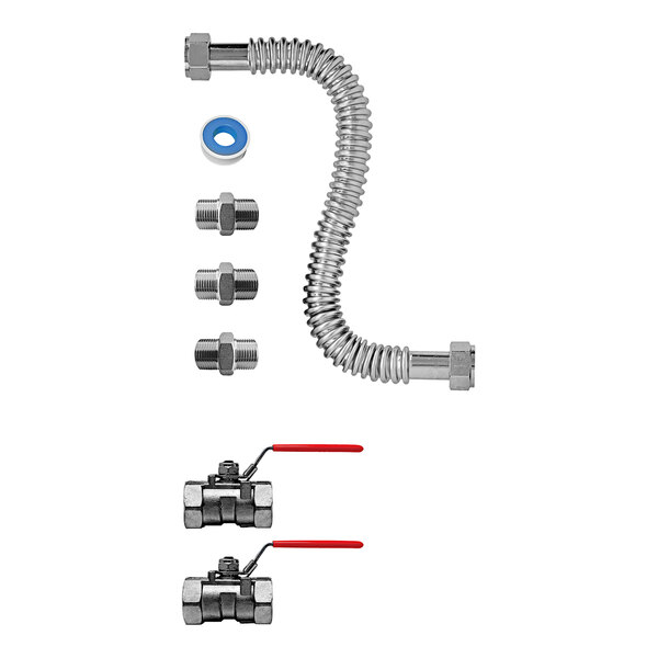 A Stiebel Eltron 692501 Scale TAC-ler Premium Installation Kit including a flexible metal hose, fittings, valves, and sealing tape.