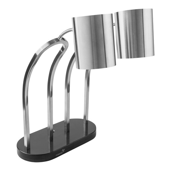 A silver Rosseto double arm heat lamp with a black metal base.