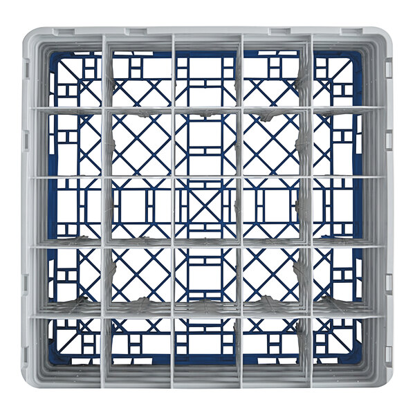 A white and blue plastic Cambro glass rack with extenders.