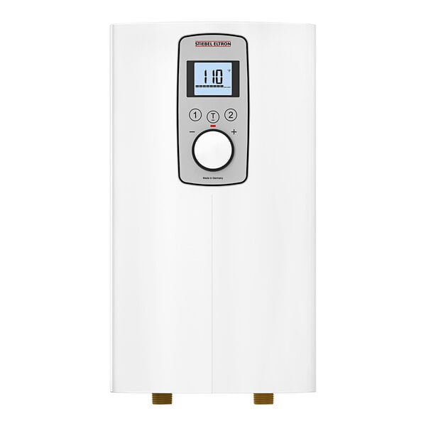 A white rectangular Stiebel Eltron tankless water heater with buttons and a dial.