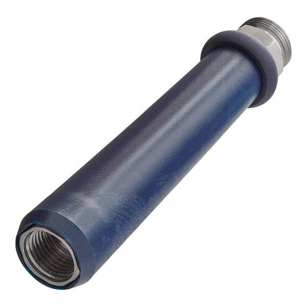 A stainless steel and blue Eversteel pre-rinse faucet handle.