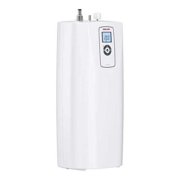 A white Stiebel Eltron UltraHot Premium instant hot water dispenser with a digital display and control panel.
