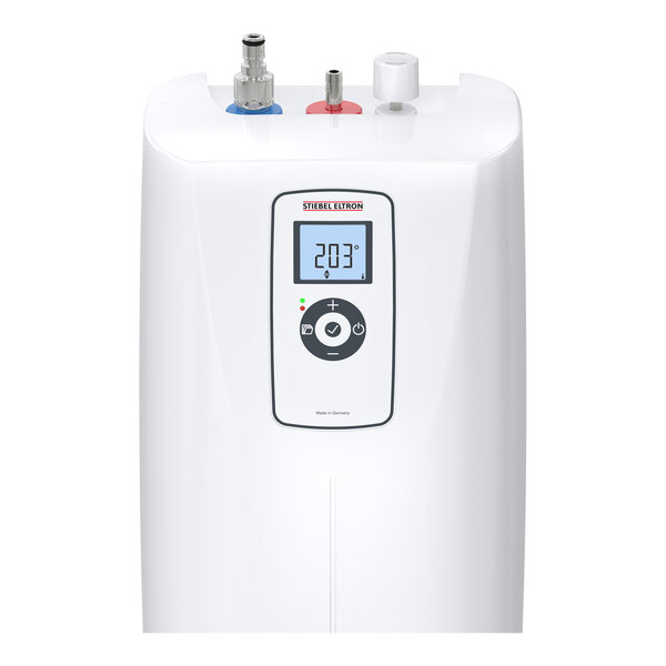 A white Stiebel Eltron UltraHot Premium instant hot water dispenser with a digital display and control panel on the front.