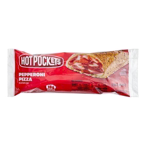 A red package of Hot Pockets Pepperoni Pizza Sandwiches.