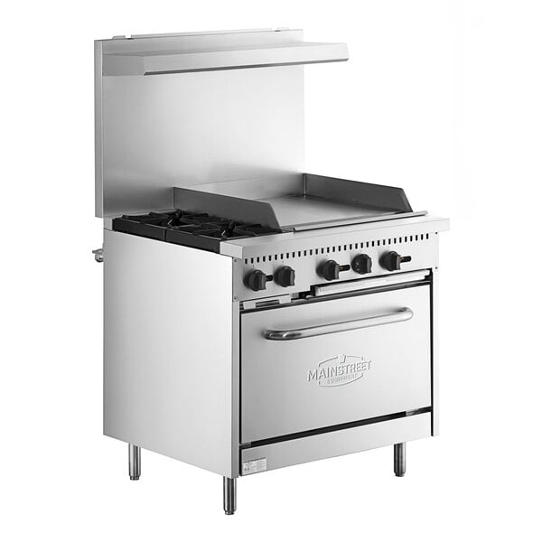 A Main Street Equipment stainless steel range with 2 burners, a griddle, and an oven.